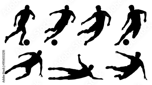 A collection of black silhouettes depicts dynamic soccer players in various action poses with a ball showcasing movement and athleticism high quality professional detailed modern elegant