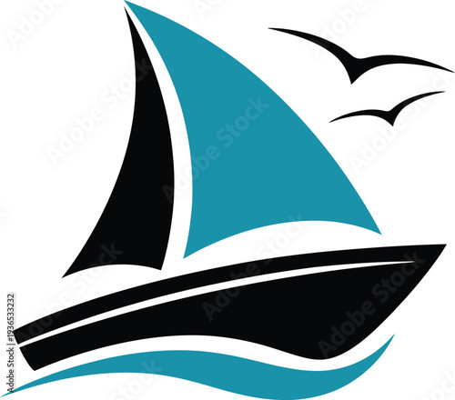 Sailing boat with blue sail and seagulls on the sea  recreational water sports