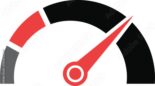 Speedometer gauge with red needle and black gray and red sectors on white background