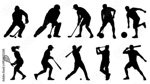 A collection of black silhouettes depicts various athletes engaged in dynamic sports actions including baseball tennis and hockey high quality professional detailed modern elegant stylish clean