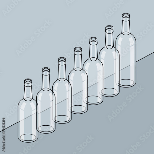 Seven empty glass bottles in a row on a gray background.