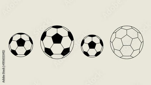 A minimalist illustration displays four variations of a soccer ball progressing from a simpler design to a more complex geometric pattern high quality professional detailed modern