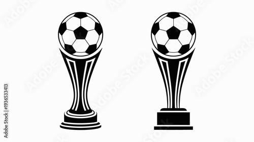 Two black and white illustrations depict soccer trophies with a classic pentagonal and hexagonal pattern symbolizing victory and athletic competition high quality professional detailed modern elegant