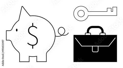 Savings, financial security, business planning, investment, wealth management, financial growth. Outline of a piggy bank with a dollar sign, a key and a briefcase. Savings and financial security