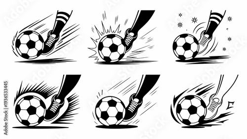 A sequence of illustrations depicts a soccer ball being kicked showing the impact and resulting motion in a dynamic black and white style high quality professional