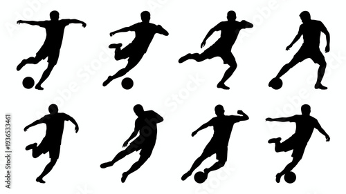 A collection of eight black silhouettes depicts various dynamic poses of people actively engaged in playing or practicing soccer high quality professional detailed modern elegant stylish