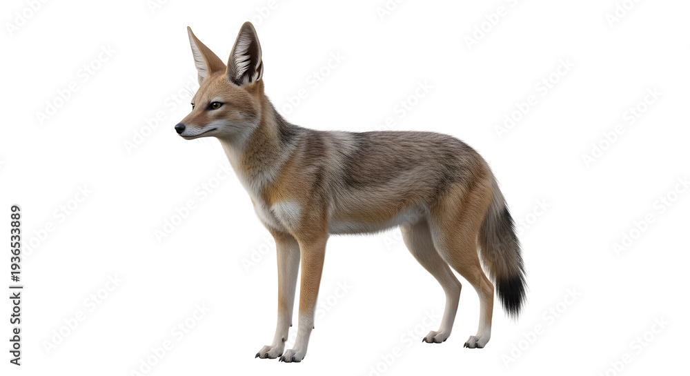 Fototapeta premium A side profile of a jackal standing alertly against a white background, showcasing its distinctive features.