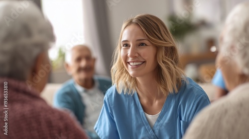 Home health caregiver interacting compassionately with senior patient, conveying in-home care, support, companionship and nursing assistance.