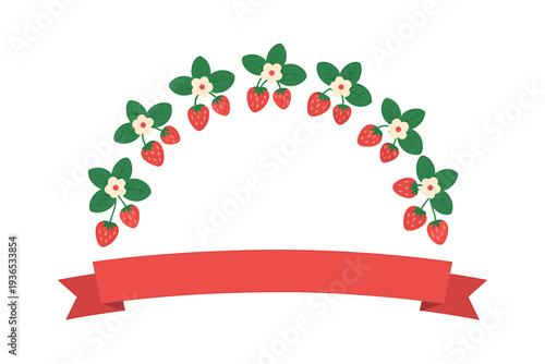 Strawberry wreath with red banner on white background for decoration  sweet design