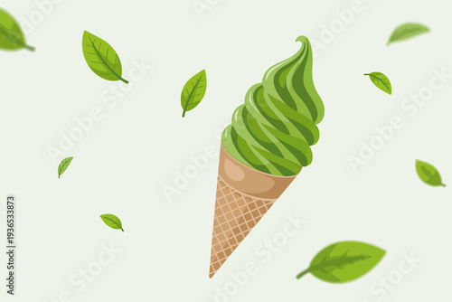 Matcha green tea ice cream cone with leaves floating around dessert treat