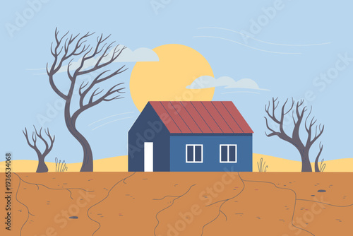Blue house with red roof and dead trees in dry landscape with sun
