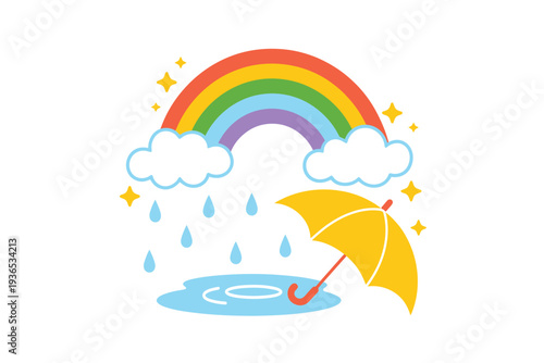 Colorful cartoon rainbow with clouds rain and umbrella on white background