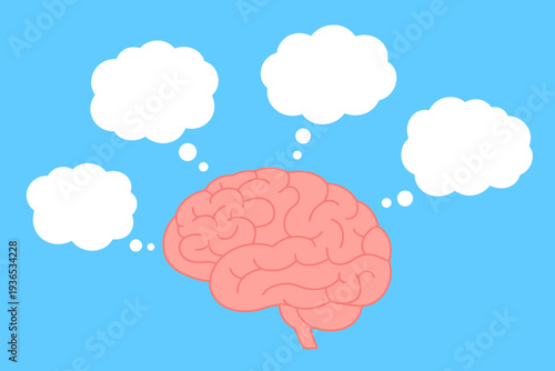 Brain with thought bubbles on blue background for creative ideas and thinking concepts