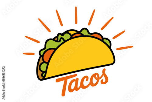 Colorful cartoon taco with lettuce tomato and sunburst lines around it