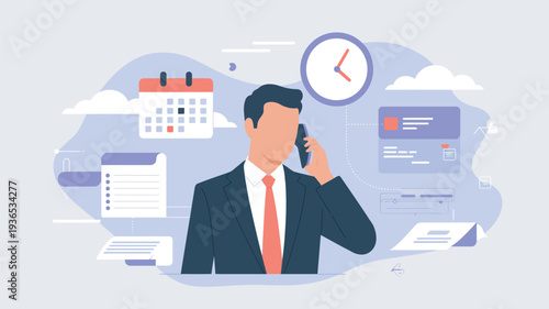 A businessman in a suit talking on the phone with office and time management icons around him