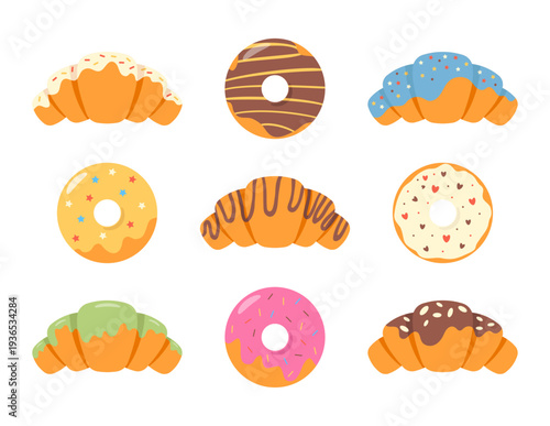 Donuts and croissants with colorful icing, isolated white background. Simple colored icons of sweet pastries, fast food. Vector illustration of donut, croissant for cafe, bakery, posters, advertising