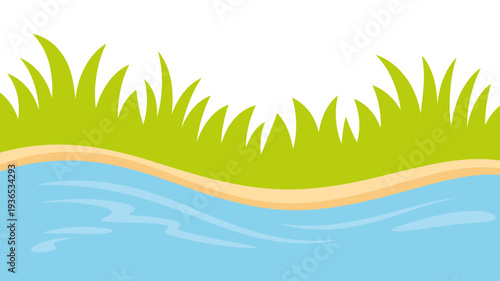 Illustration of green grass on sandy shore by blue wavy water  serene landscape scene