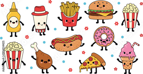 Cute fast food cartoon characters flat vector illustration with burger fries hot dog pizza popcorn donut and ice cream