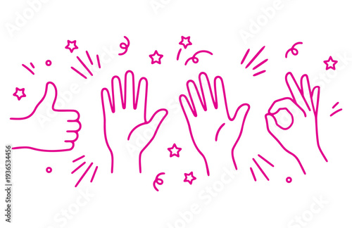 Hand gesture doodle set with thumbs up, claps and ok sign