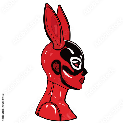 Profile View of Woman in Shiny Red and Black Latex Bunny Mask Vector. Minimalist vector illustration of a female profile in a glossy red latex bunny suit with a black mask. 