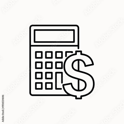Calculator and dollar sign line icon representing financial calculations and money management.