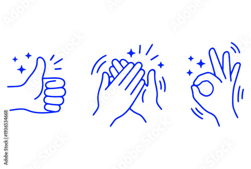 Hand gesture doodles set with thumbs up, clapping and ok sign