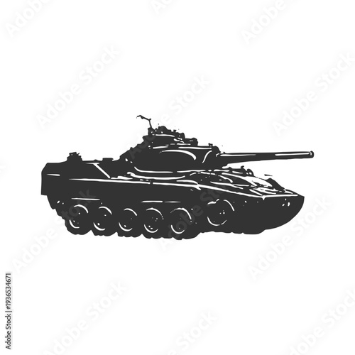 Modern combat tank in detailed black silhouette style, powerful military vehicle perfect for battlefield, defense, and army themed visuals.