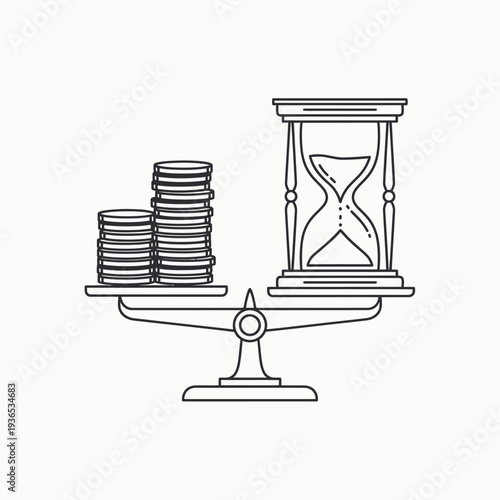 Time and Money Balance on Scale, Outline Illustration.