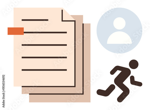 Data security, identity management, business operations, personal records, workflow optimization, task management. Stacked documents, figure icon and running person symbol. Data security