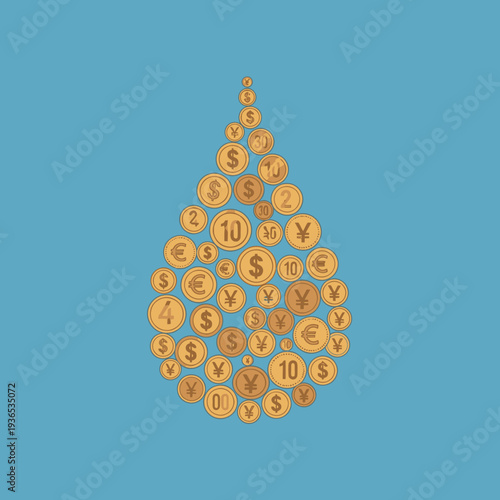 Golden coins forming a water drop shape, symbolizing financial liquidity and global currency flow.