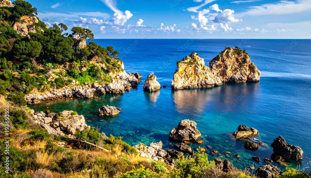 Fototapeta premium A vibrant coastal scene depicts rocky islands and clear blue water under a bright sky with puffy clouds. Green trees and cliffs complete the picture