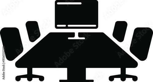 Conference room meeting table silhouette, corporate boardroom workspace with chairs and presentation screen flat vector illustration isolated on white