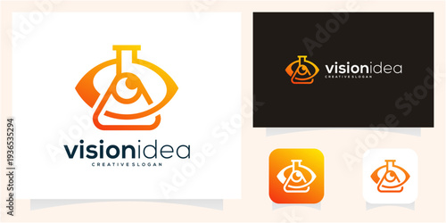 Eye and Science Flask Erlenmeyer Combination Concept logo design vector icon idea.
