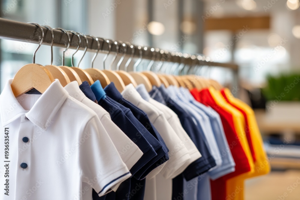 Obraz premium Colorful School Uniforms Displayed on Racks in a Bright Retail Environment