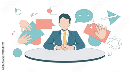 A cartoon businessman sitting at a table surrounded by speech bubbles and hands holding cards