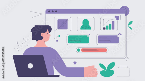 A person sitting in front of a laptop with a large browser window displaying various charts and graphs