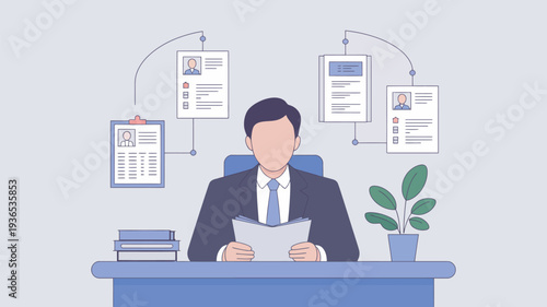 A businessman sitting at his desk reviewing documents with a plant and books nearby in a modern office setting.