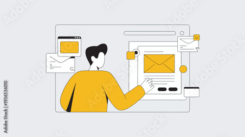 A man in a yellow shirt is interacting with a computer screen displaying an email inbox with various digital elements.