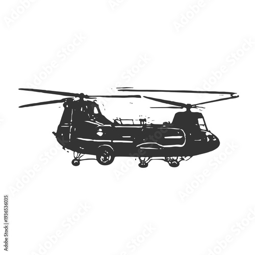 Heavy military helicopter silhouette with mounted weapon system designed for combat and battlefield assault missions.