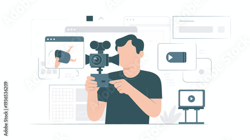 A man creating video content with a camera and computer screen in a modern workspace