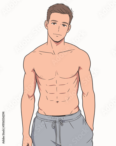 A young man stands confidently with a relaxed posture. He shows a fit physique. He is wearing gray sweatpants and is indoors.