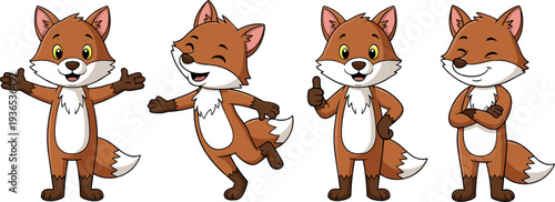 Cute fox cartoon character set flat vector illustration with funny woodland animal posing smiling and showing different gestures
