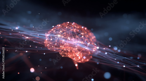 Abstract representation of a brain with interconnected nodes and glowing strands, symbolizing neural connections.