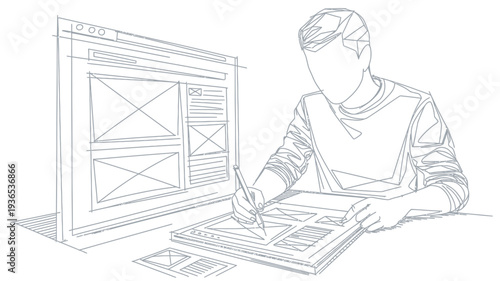 A man sketching a website design on a digital tablet next to a large computer screen.