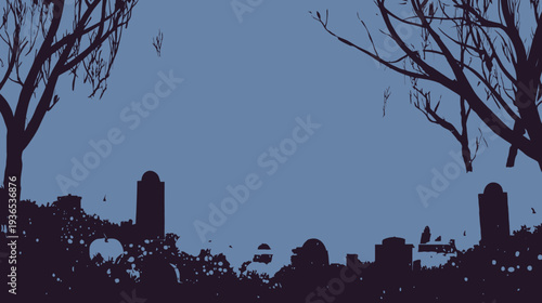 Eerie cemetery silhouette with gravestones and bare trees under a gloomy twilight sky, spooky Halloween or somber memorial scene.