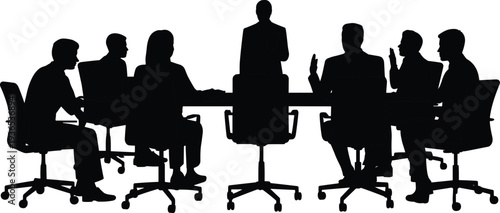 Corporate board meeting silhouette, business team discussion around conference table with leader presenting strategy and teamwork planning flat vector illustration