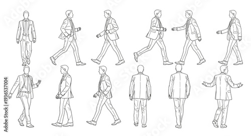 Silhouette of people walking in various poses.