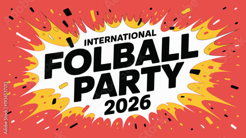A vibrant graphic announces folball party 2026 with bold text confetti and a dynamic energetic design in warm tones high quality professional detailed modern elegant stylish
