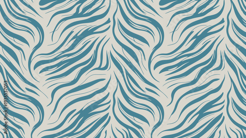 An abstract repeating pattern features flowing wave like shapes in a muted teal color against a soft creamy white background high quality professional detailed modern elegant