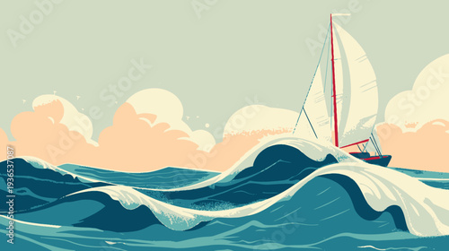 Sailboat Navigating Rough Ocean Waves - Vibrant Illustration of Marine Adventure, Nautical Journey, and Dynamic Seascape